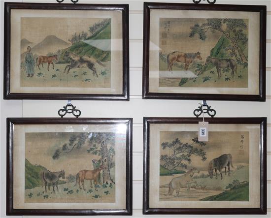 A set of Chinese rosewood frame silk paintings of horses 29x39cm